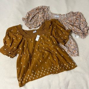 TWO old navy puff-sleeve smocked babydoll blouses